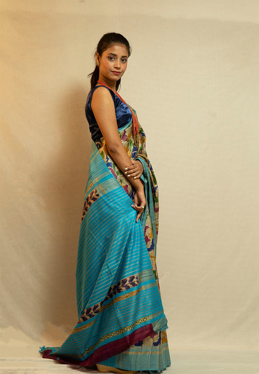 Turquoise Blue printed Ghicha Saree