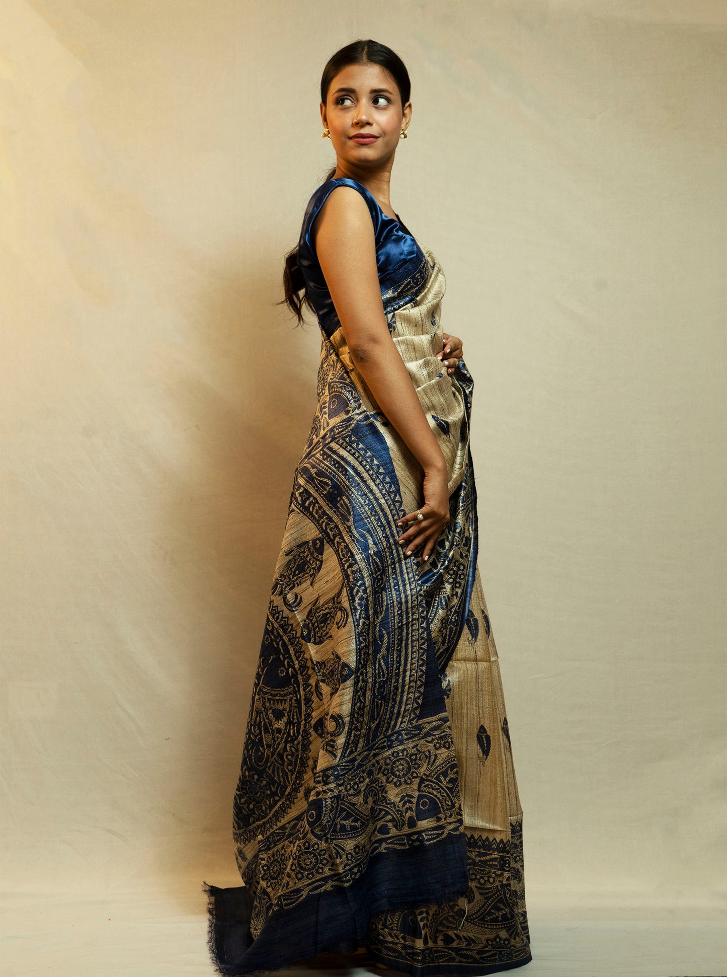 Madhubani Ghicha Sarees (Navy Blue print on Beige colour)