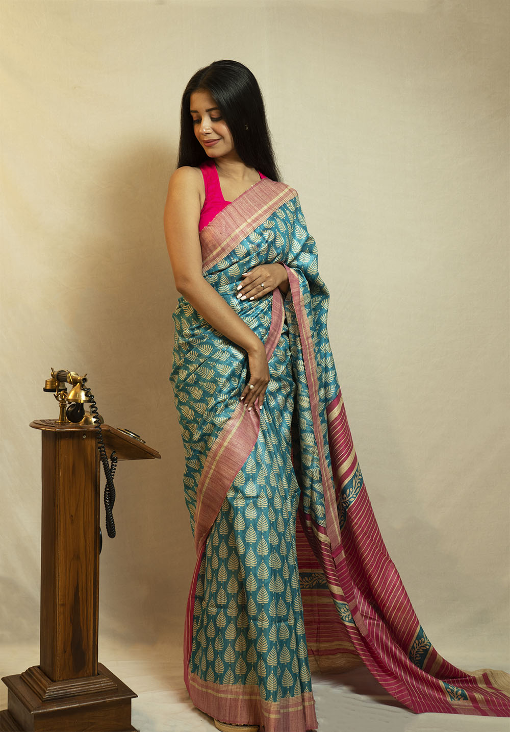 Blue printed Tussar by Ghicha