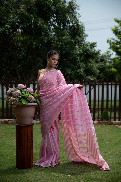 Masrize cotton Katha saree blush pink
