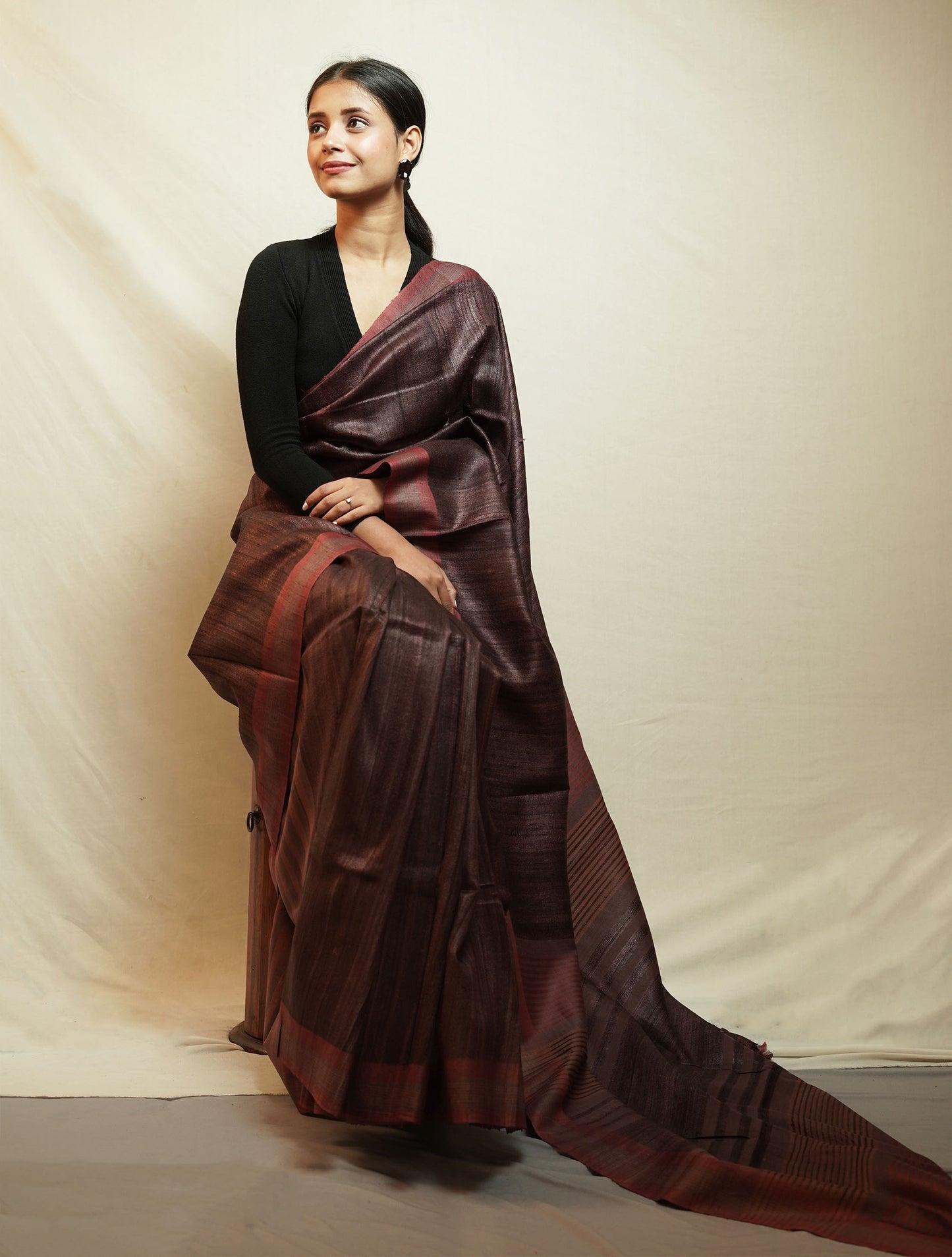 Dark Coffe Brown Tussar By Ghicha Silk Saree