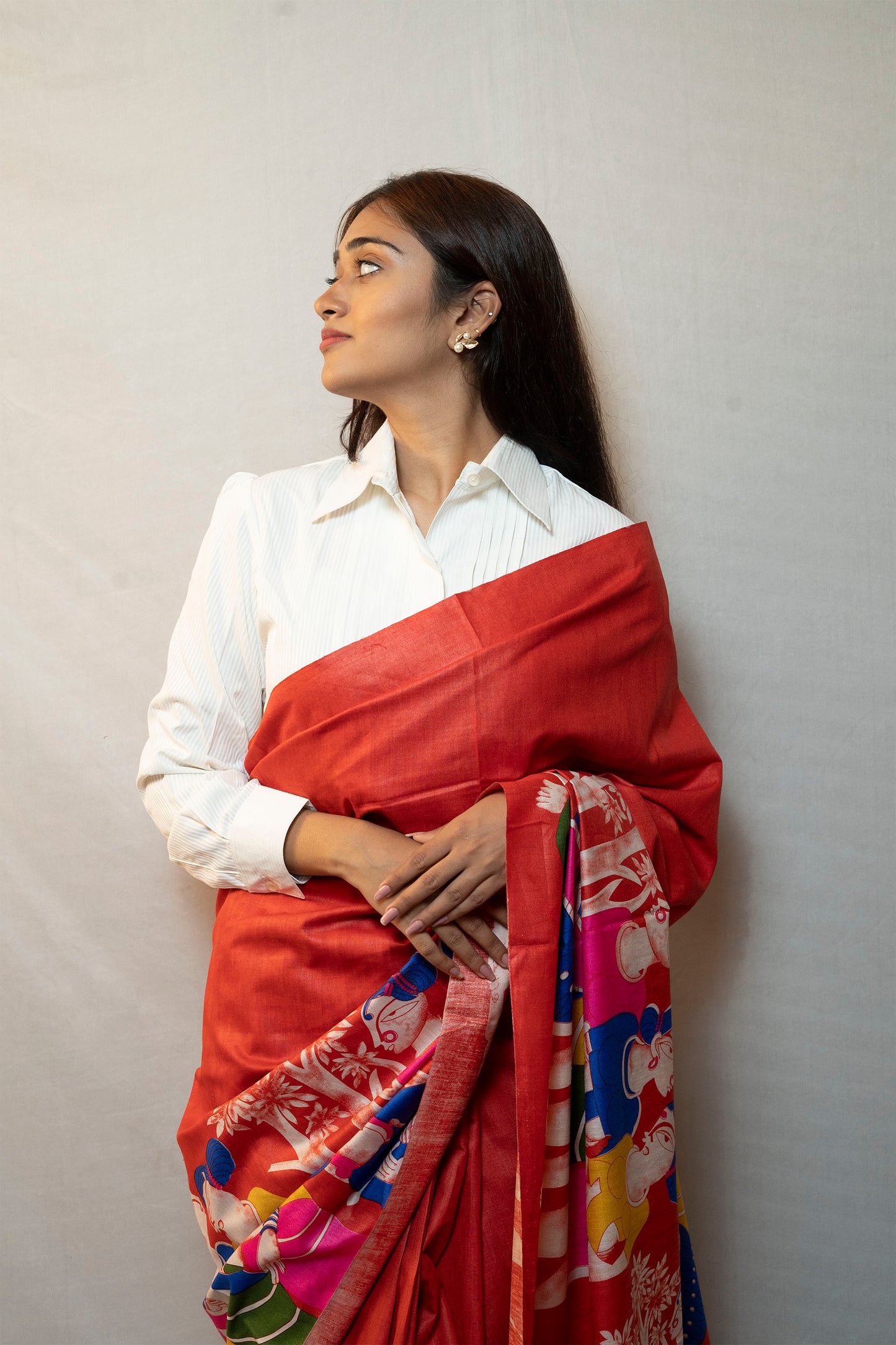 Orange colour Digital print Tussar Silk Saree