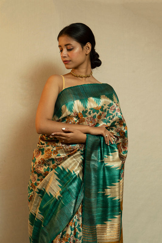 Printed Ghicha Saree (SkyBlue)