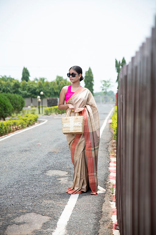 Handloom Ghicha Silk Saree(Beige orange)