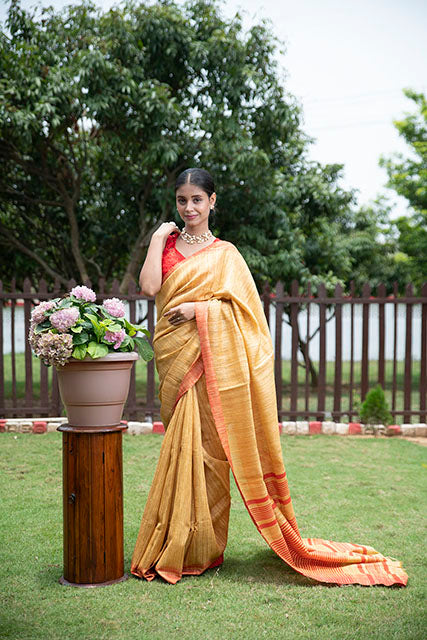 Handloom Tussar Ghicha Silk Saree(golden brown)