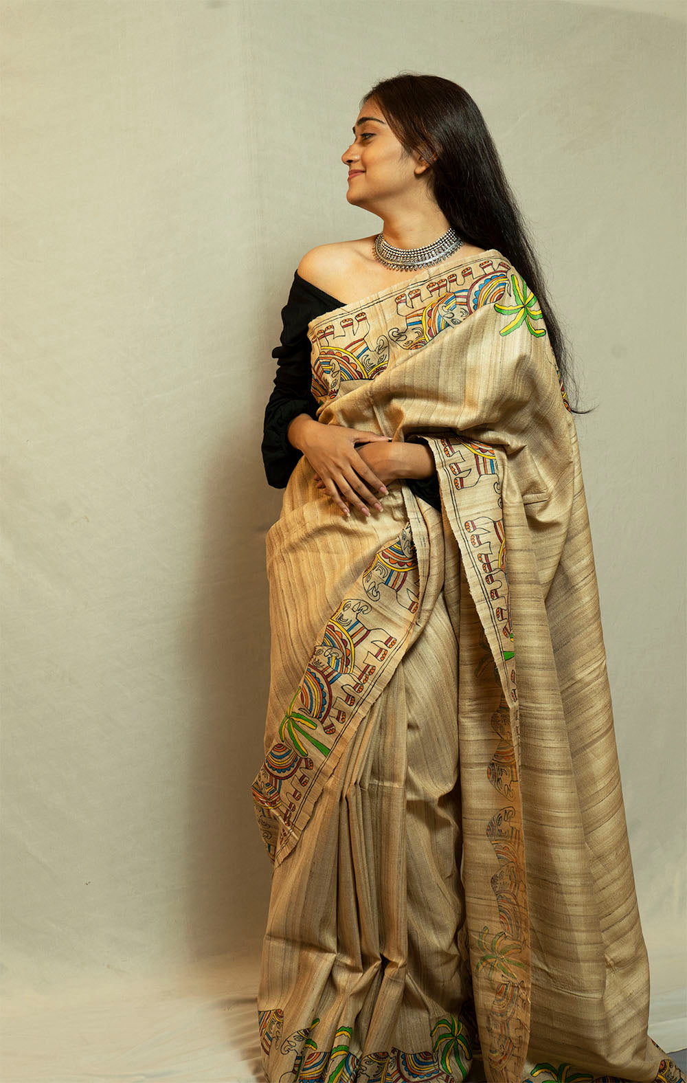 Hand Painted Beige Ghicha Saree