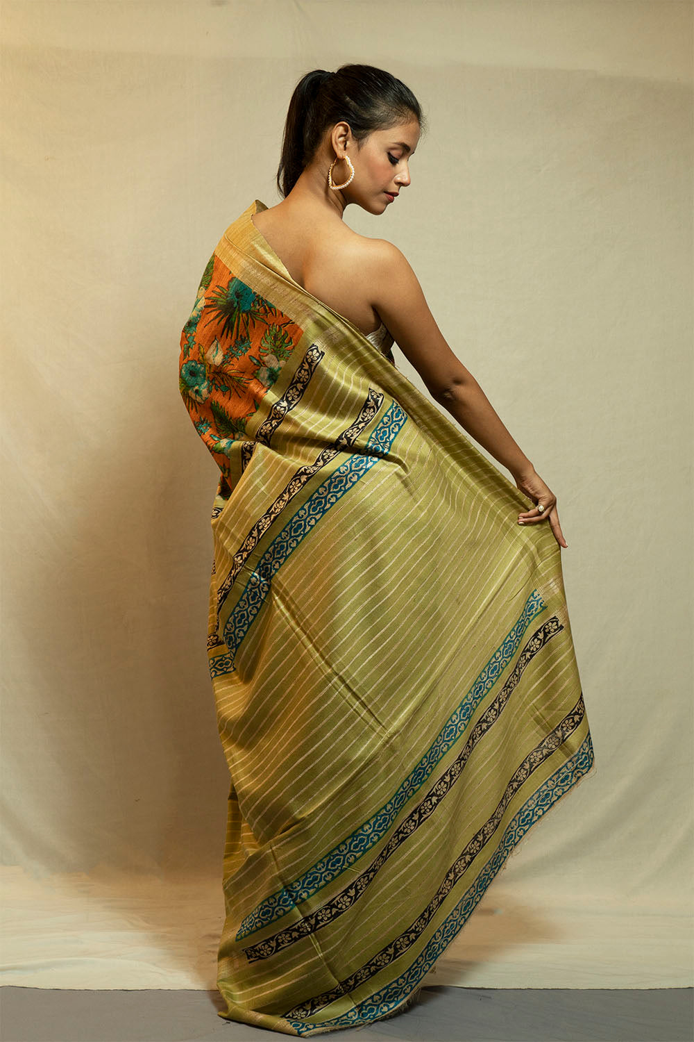 Printed Ghicha Saree (Pista Green and Orange Floral)