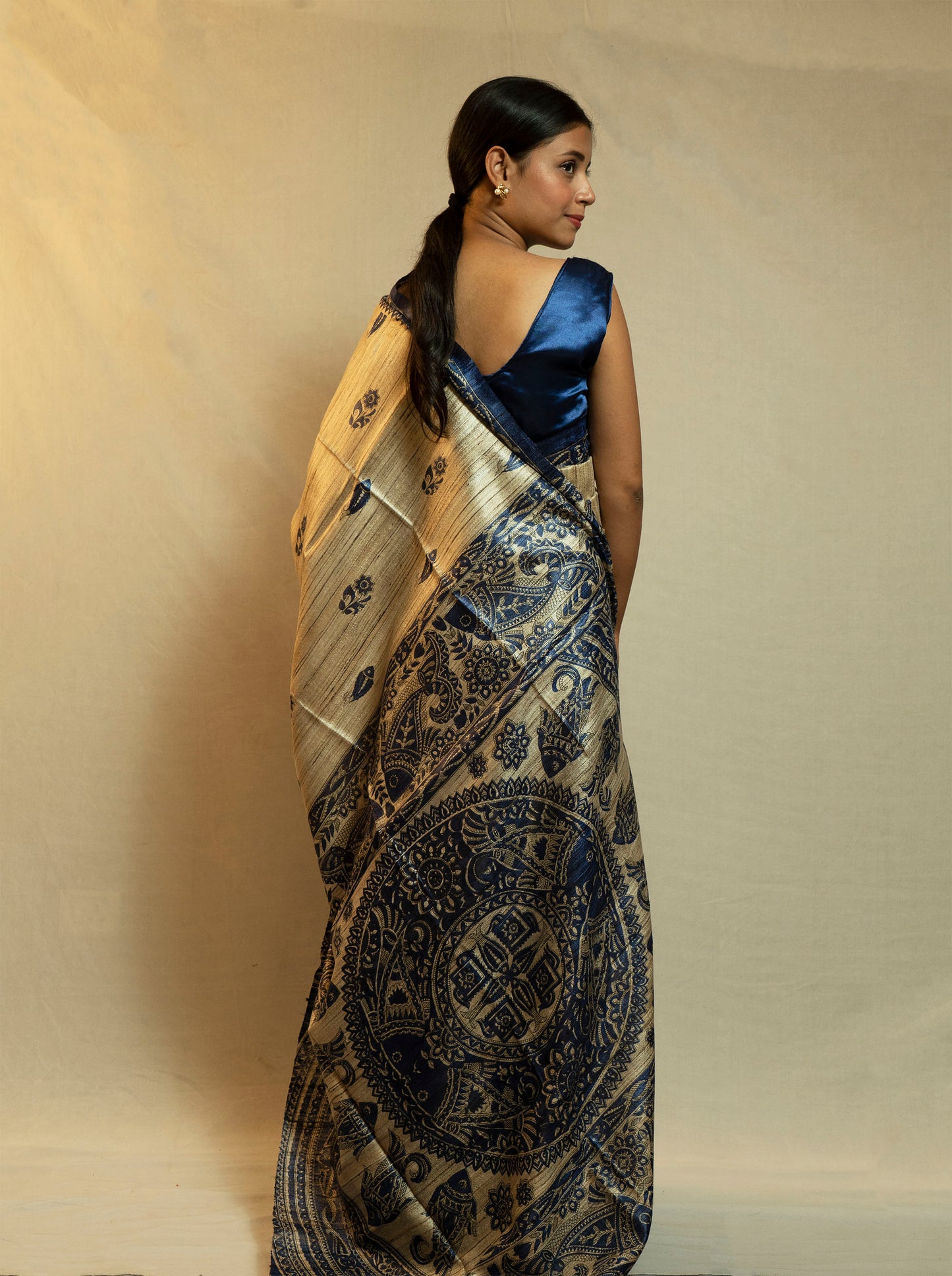 Madhubani Ghicha Sarees (Navy Blue print on Beige colour)