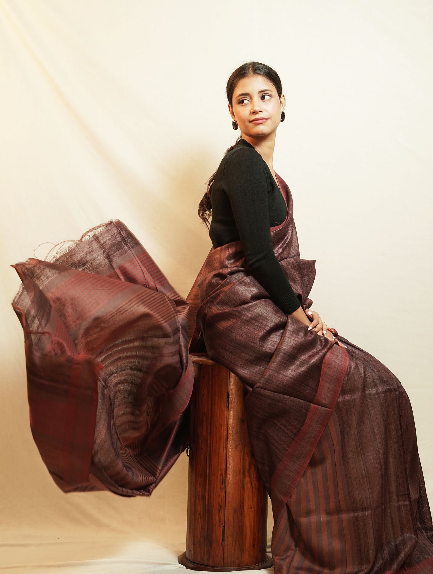 Dark Coffe Brown Tussar By Ghicha Silk Saree