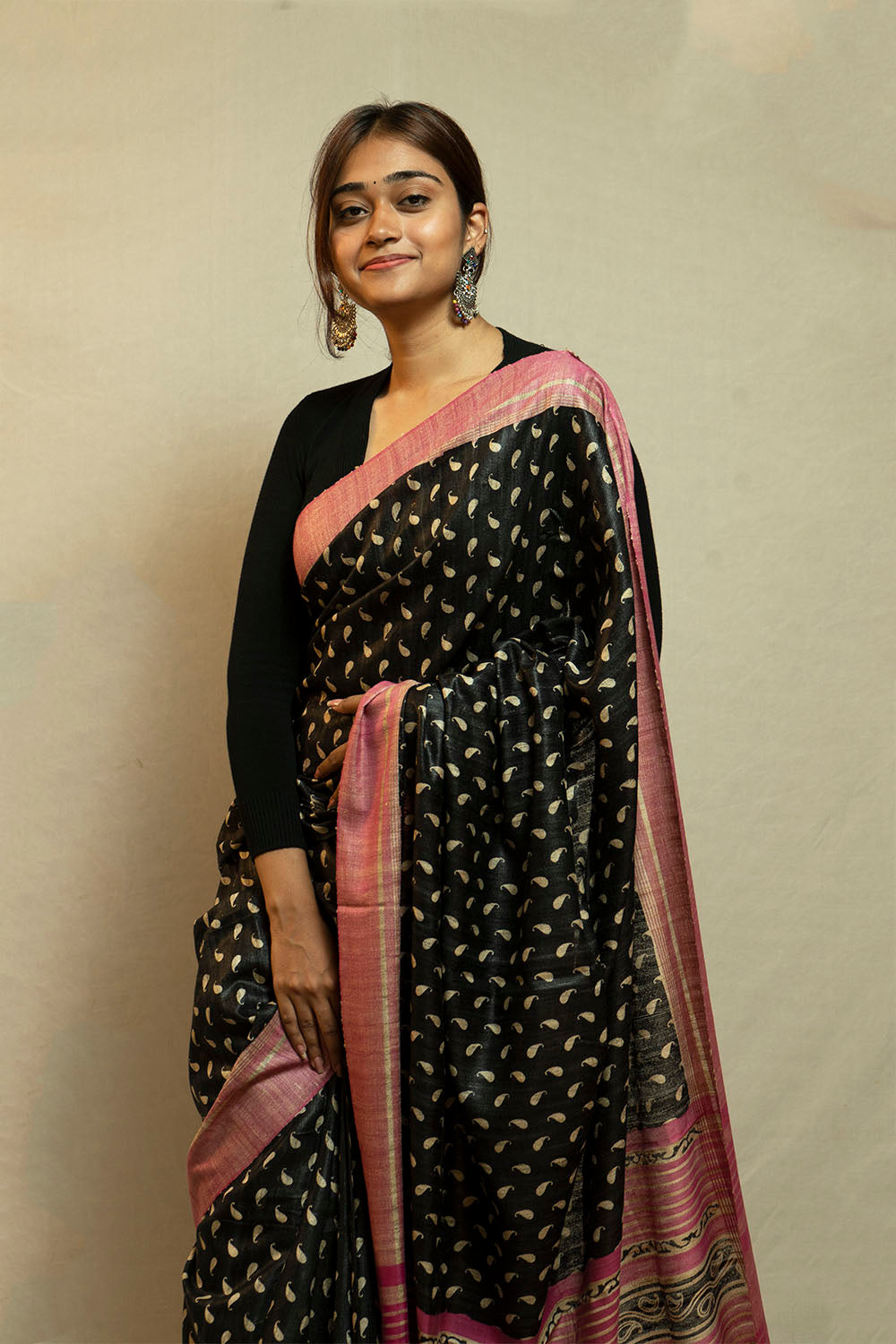 Black Printed Ghicha Saree with Pink Border