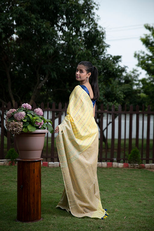 Masrize Cotton Katha saree(yellow)
