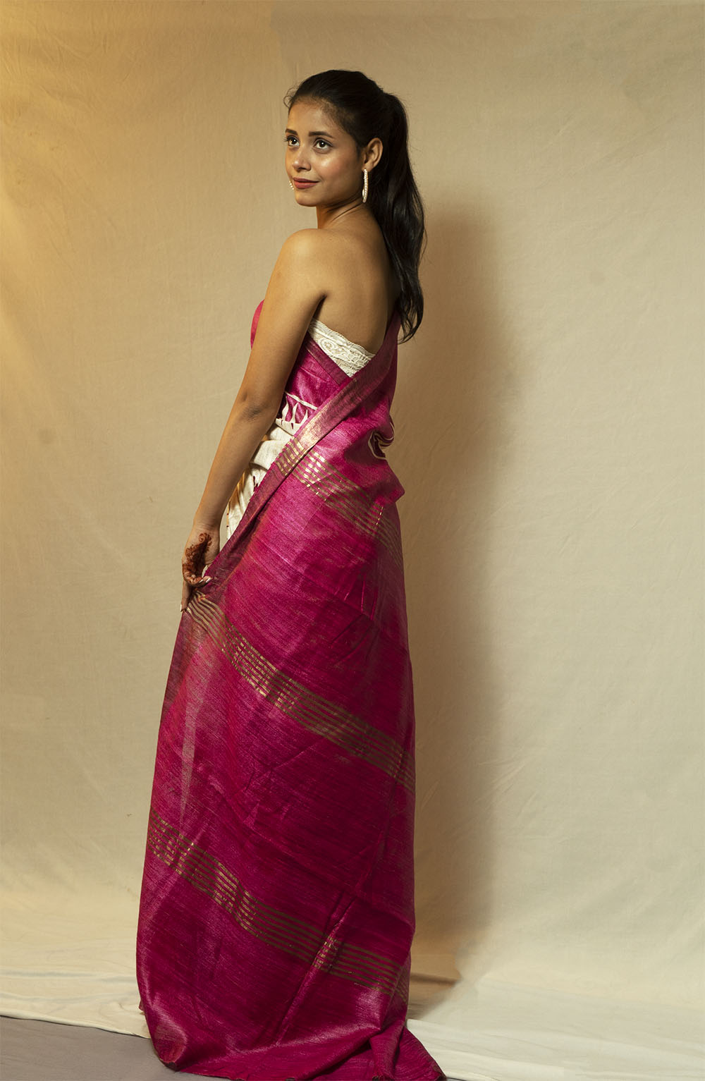 Off white pink printed Ghicha Saree