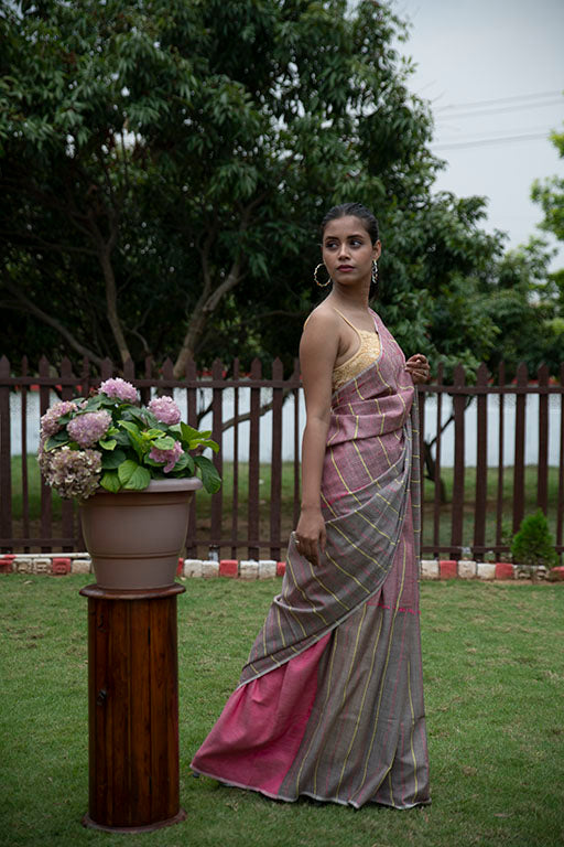 Blush Pink and Gray Katha cotton saree