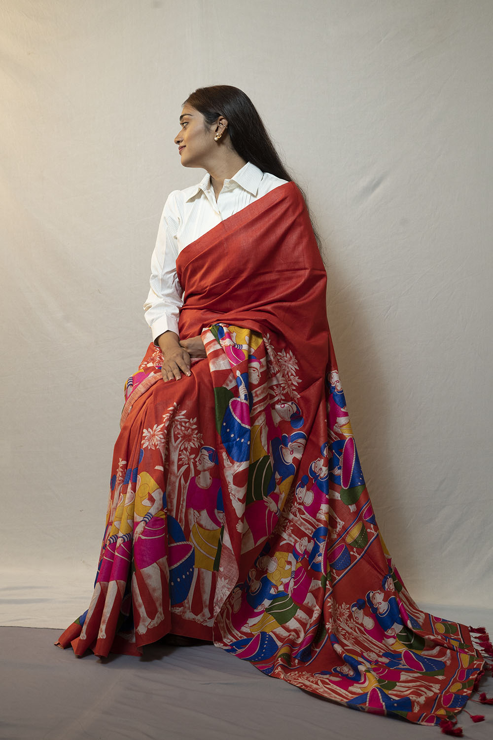 Orange colour Digital print Tussar Silk Saree