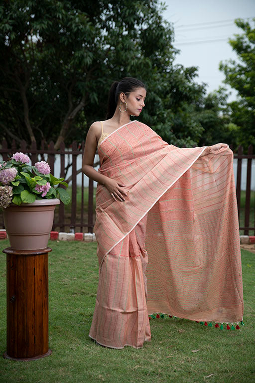 Tangerine Orange Masrize Cotton katha Saree