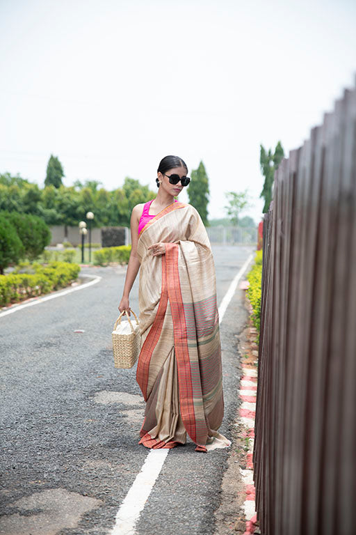 Handloom Ghicha Silk Saree(Beige orange)
