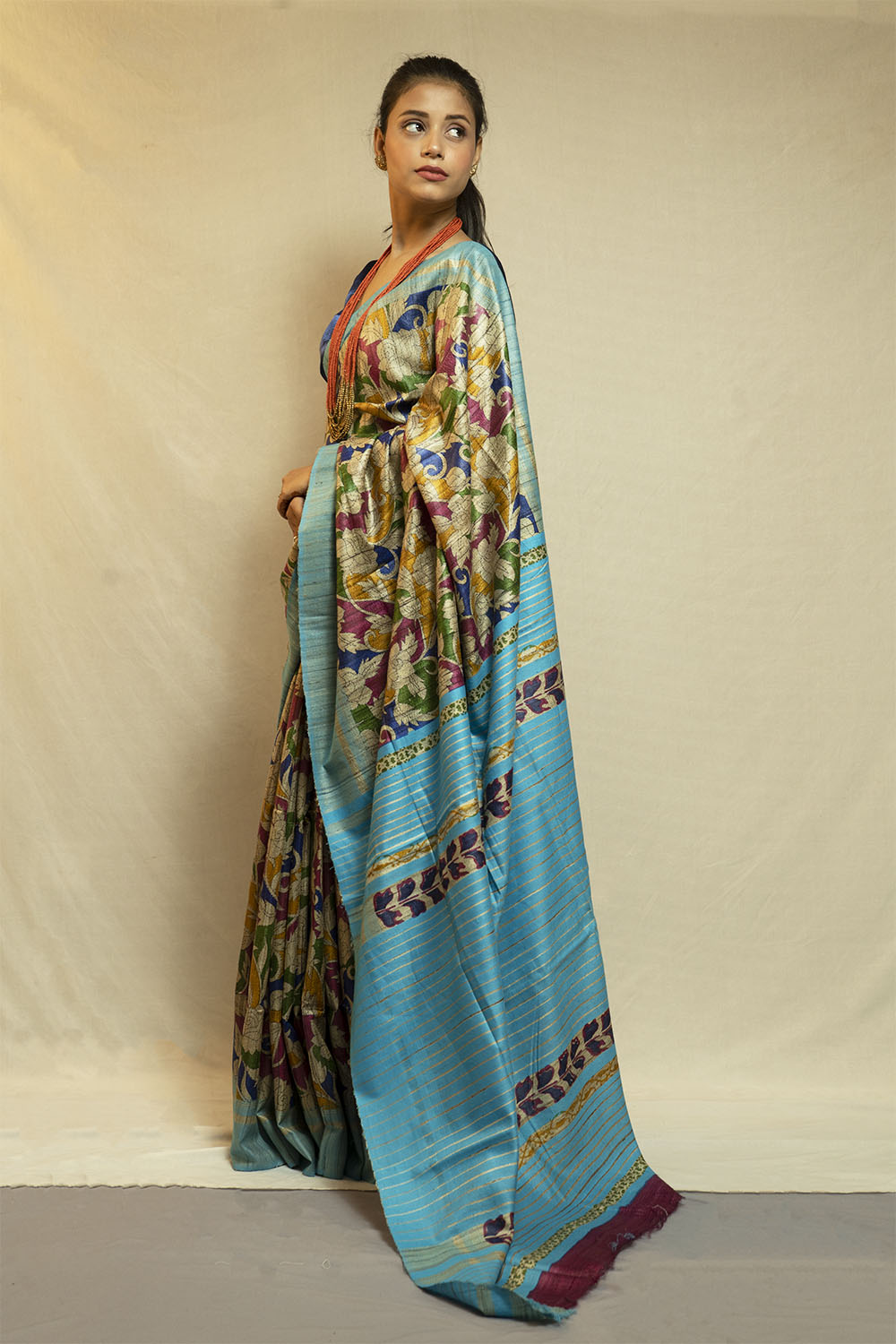 Turquoise Blue printed Ghicha Saree