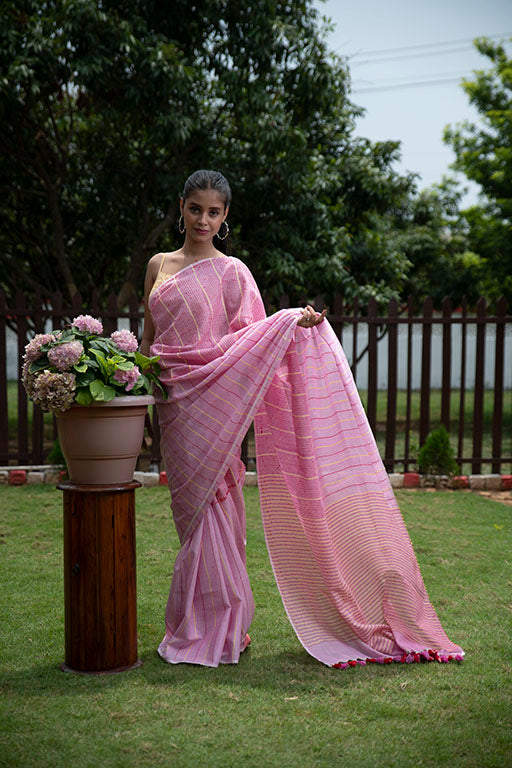 Masrize cotton Katha saree blush pink