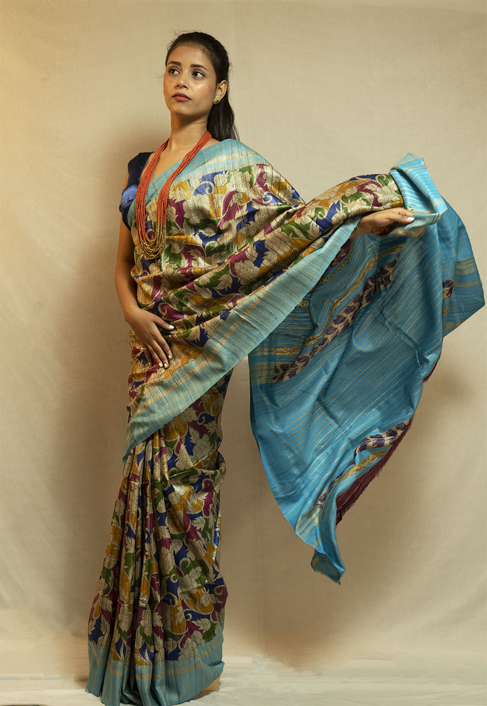 Turquoise Blue printed Ghicha Saree