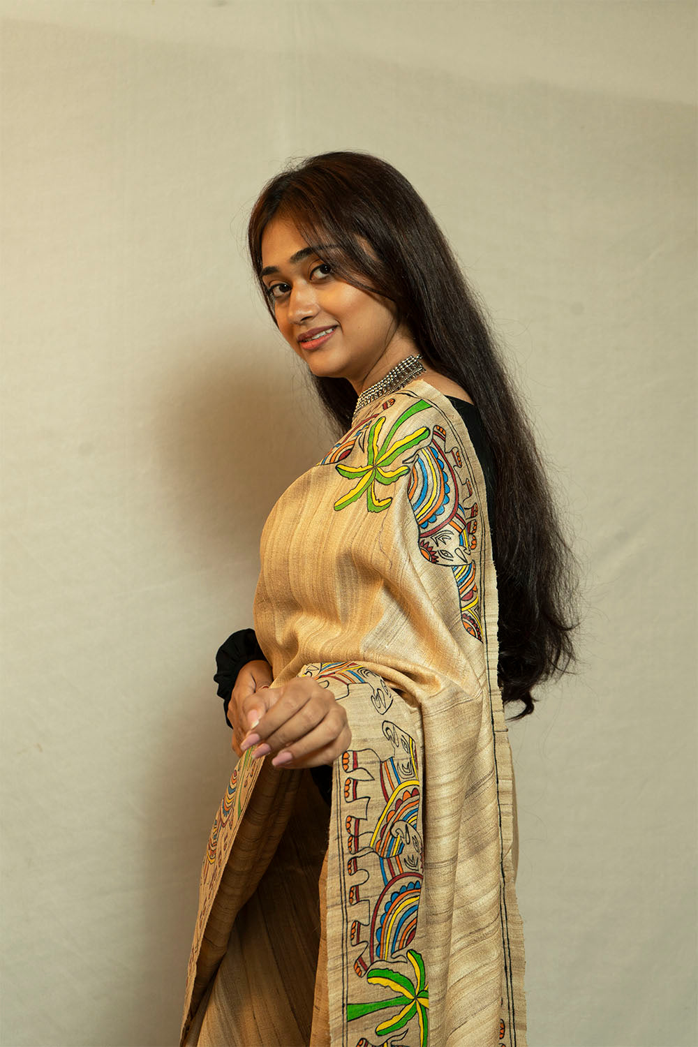 Hand Painted Beige Ghicha Saree