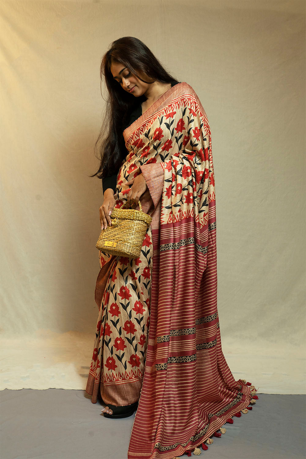 Printed Beige Ghicha Saree(Red)