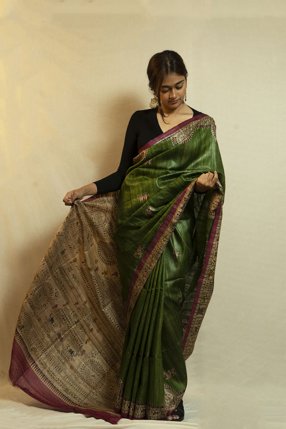 Warli print Olive GreenGhicha Silk