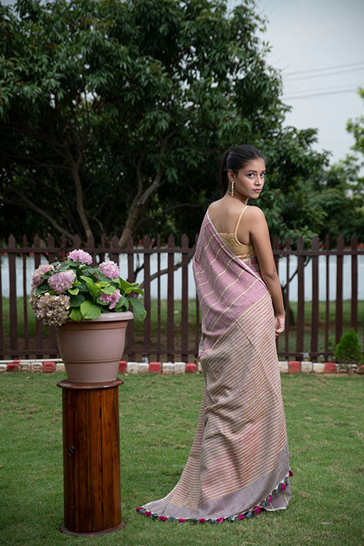 Blush Pink and Gray Katha cotton saree