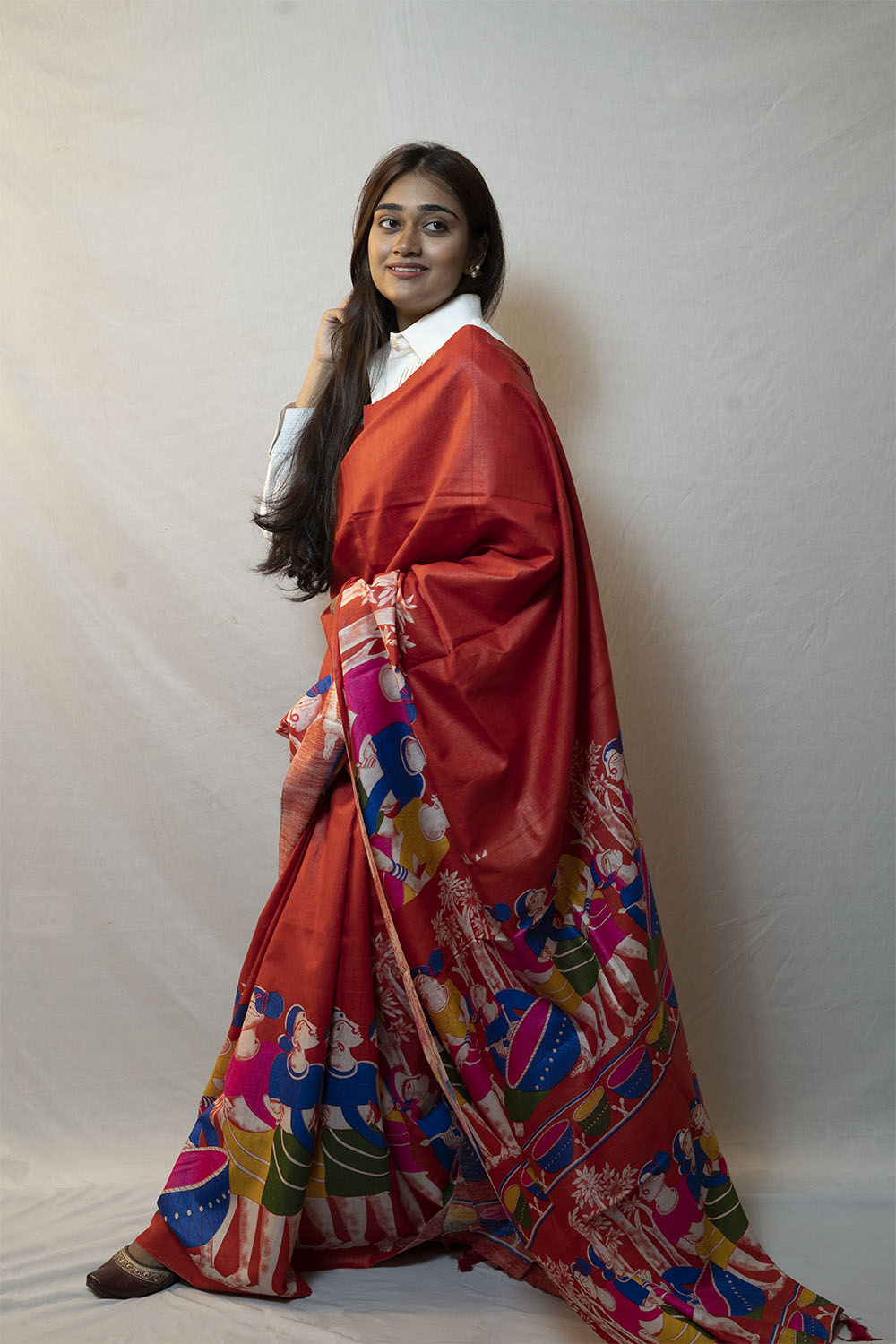 Orange colour Digital print Tussar Silk Saree