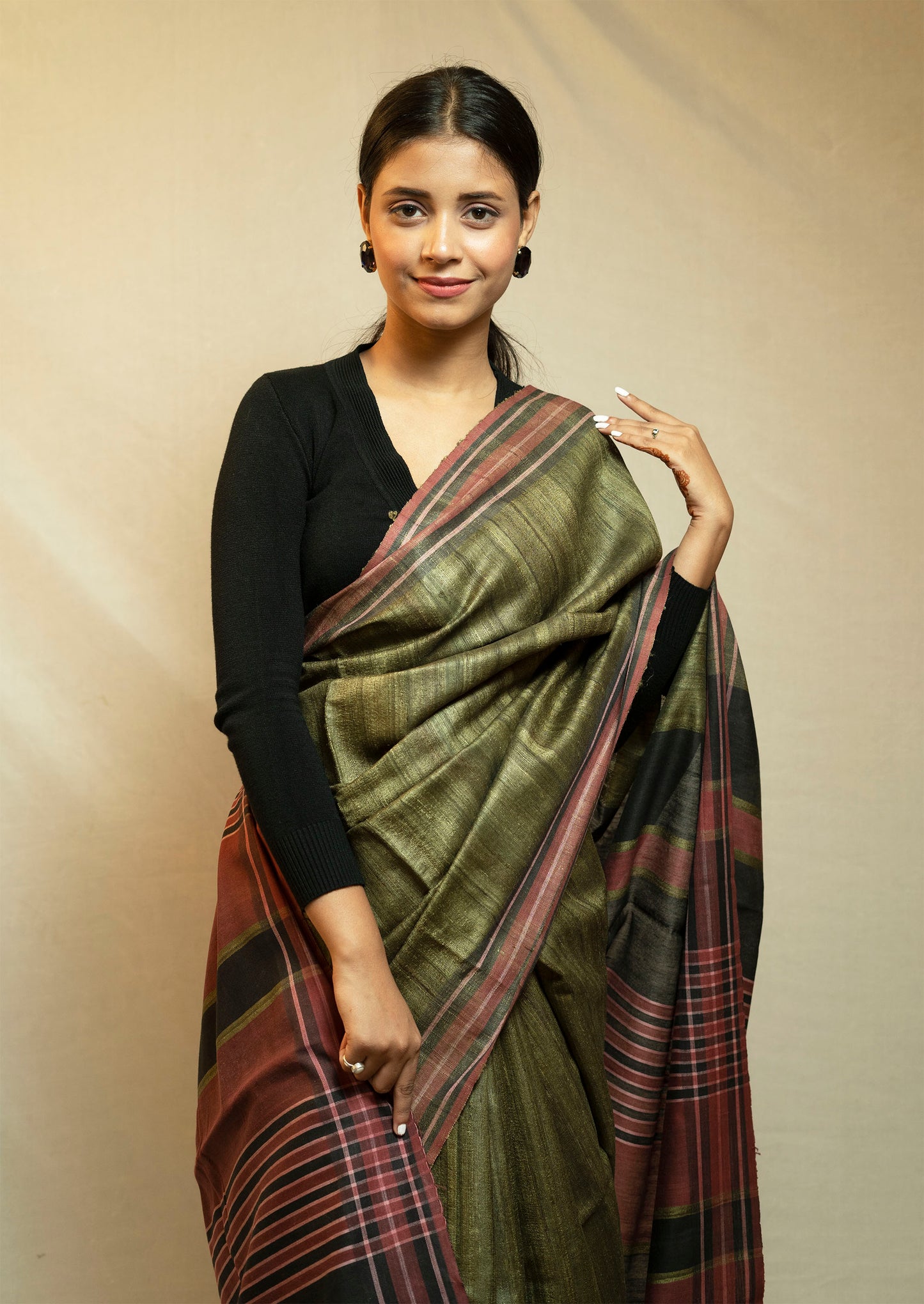 Tussar By Ghicha Silk Saree(Olive Green)