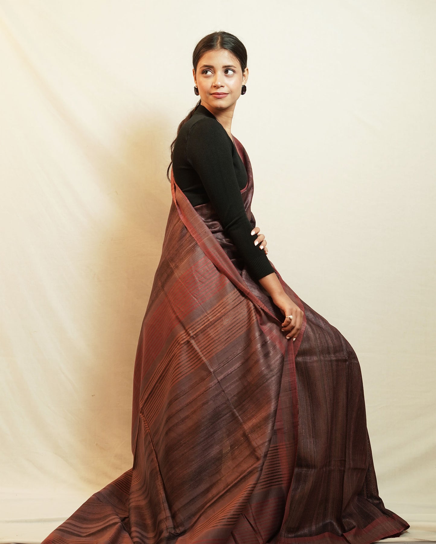 Dark Coffe Brown Tussar By Ghicha Silk Saree
