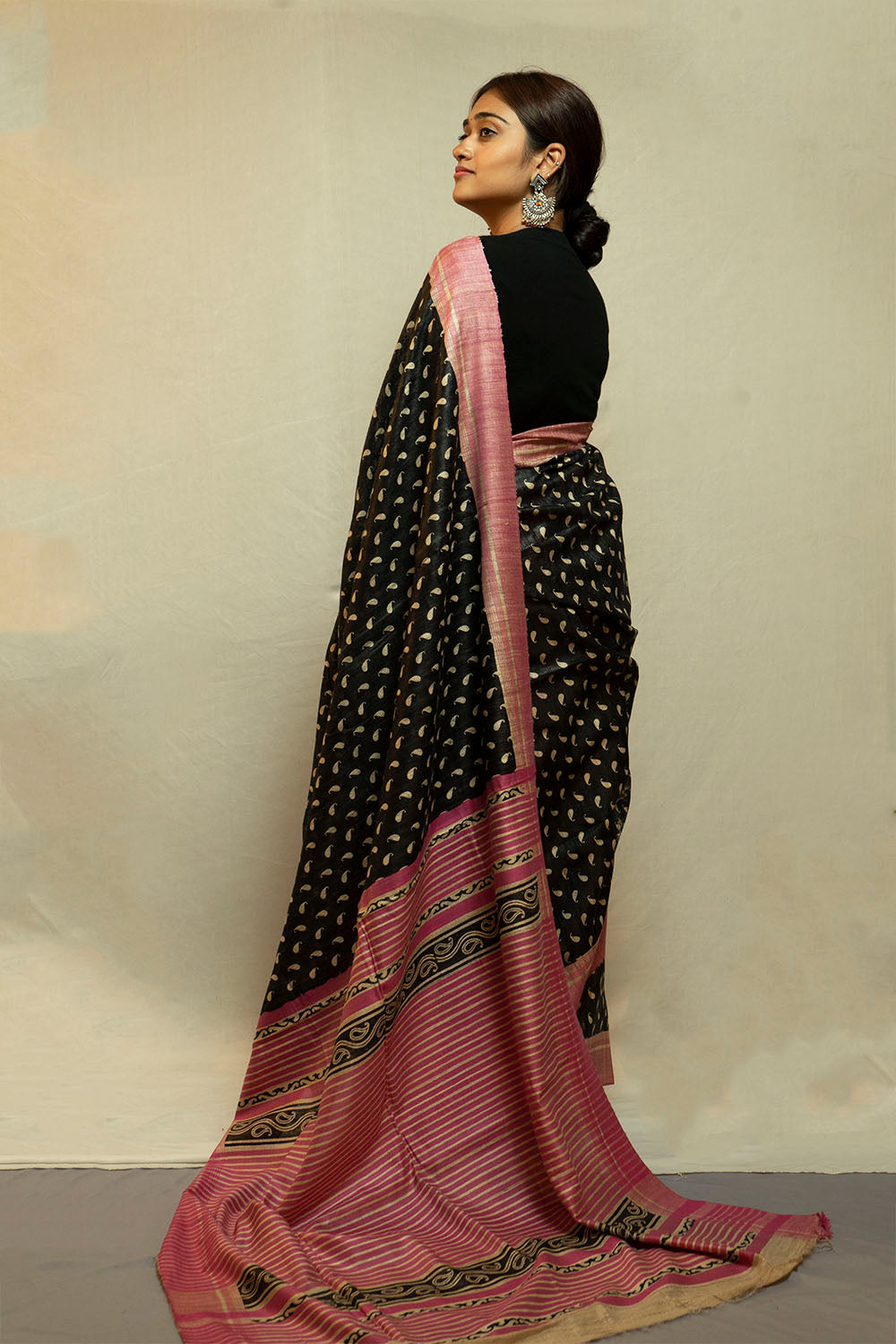 Black Printed Ghicha Saree with Pink Border