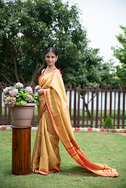 Handloom Tussar Ghicha Silk Saree(golden brown)