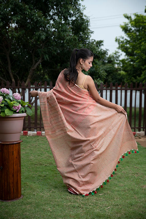 Tangerine Orange Masrize Cotton katha Saree