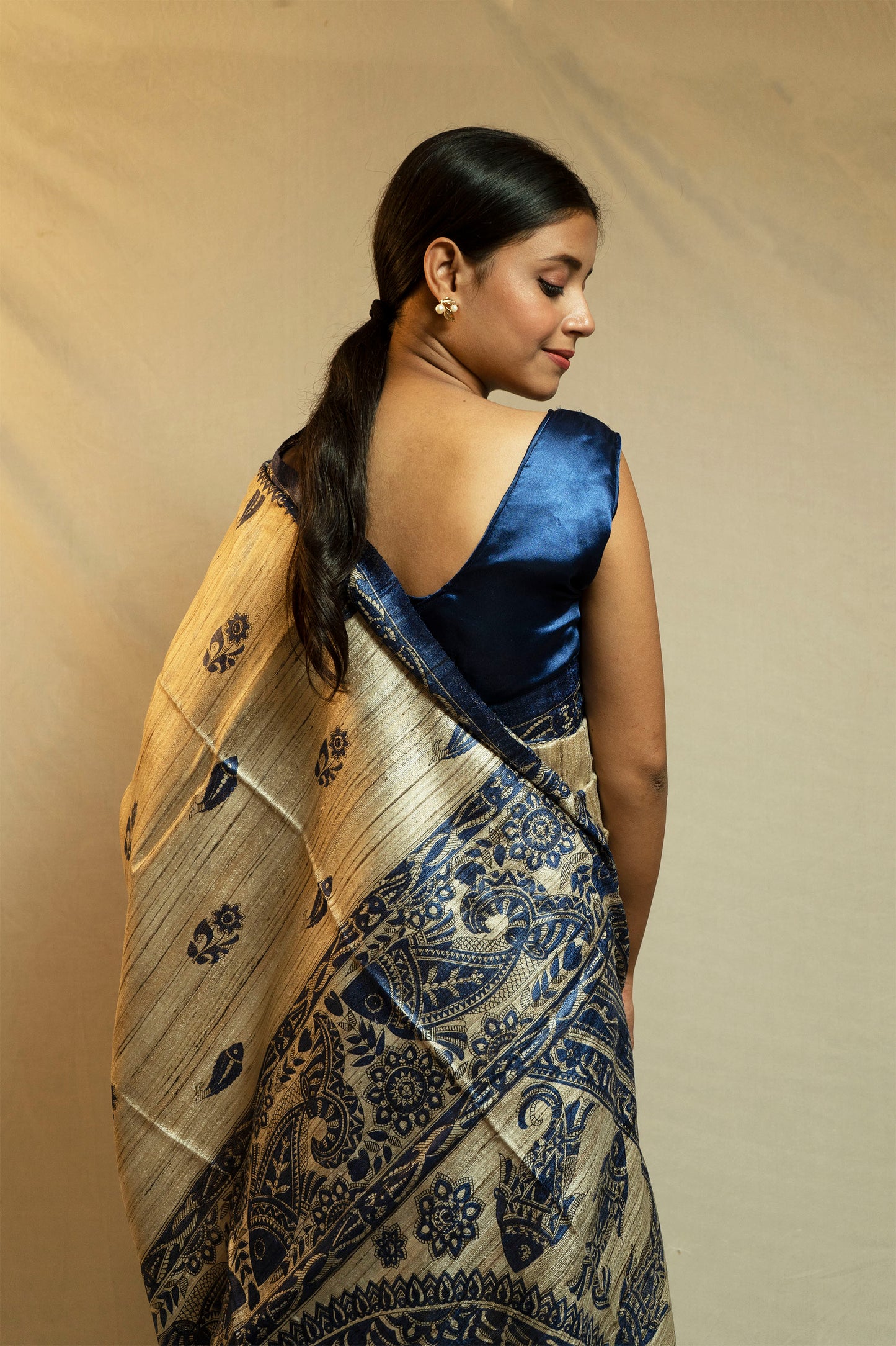 Madhubani Ghicha Sarees (Navy Blue print on Beige colour)