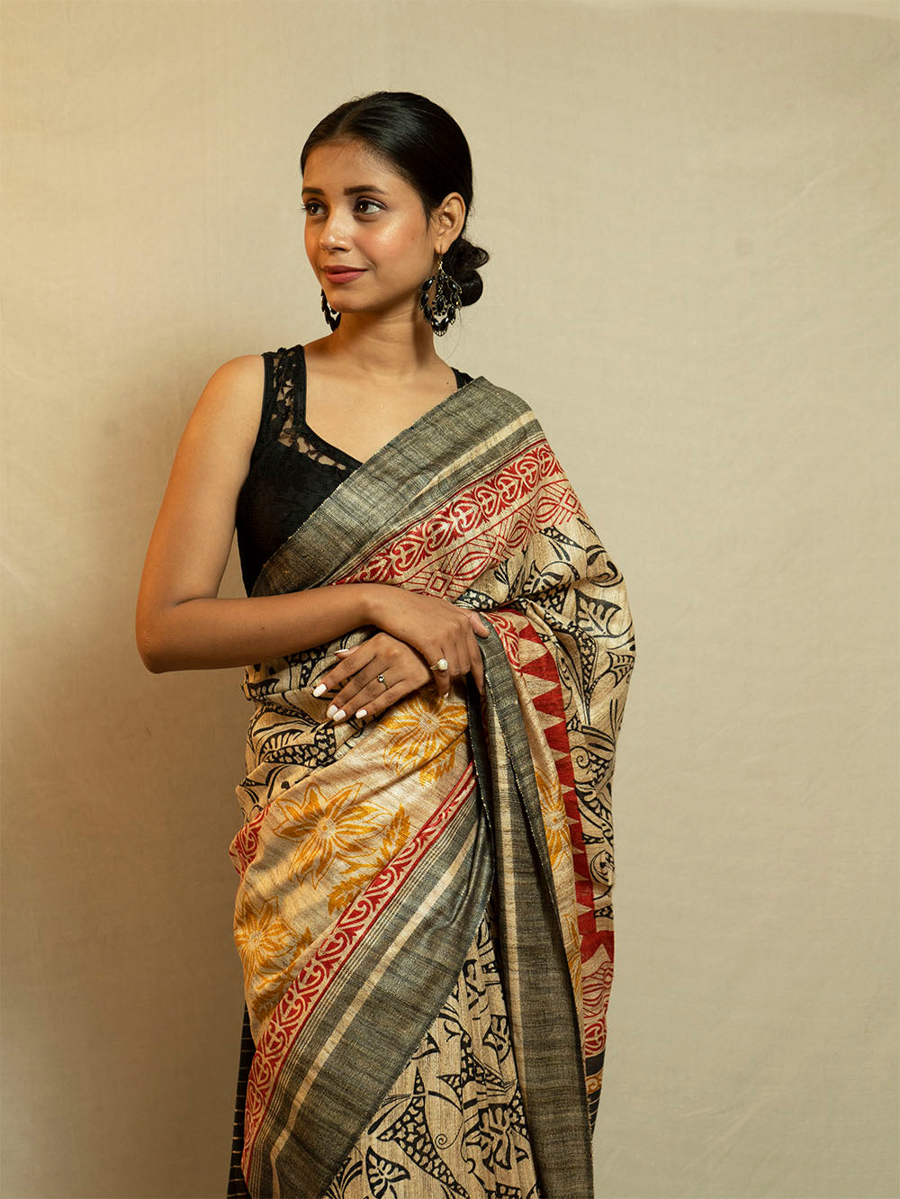 Printed Ghicha Saree (Black and Red)