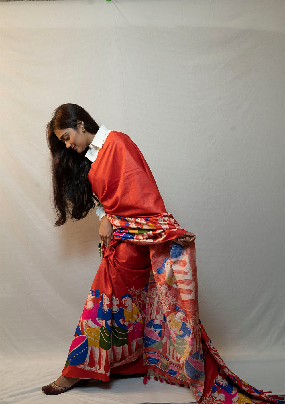 Orange colour Digital print Tussar Silk Saree