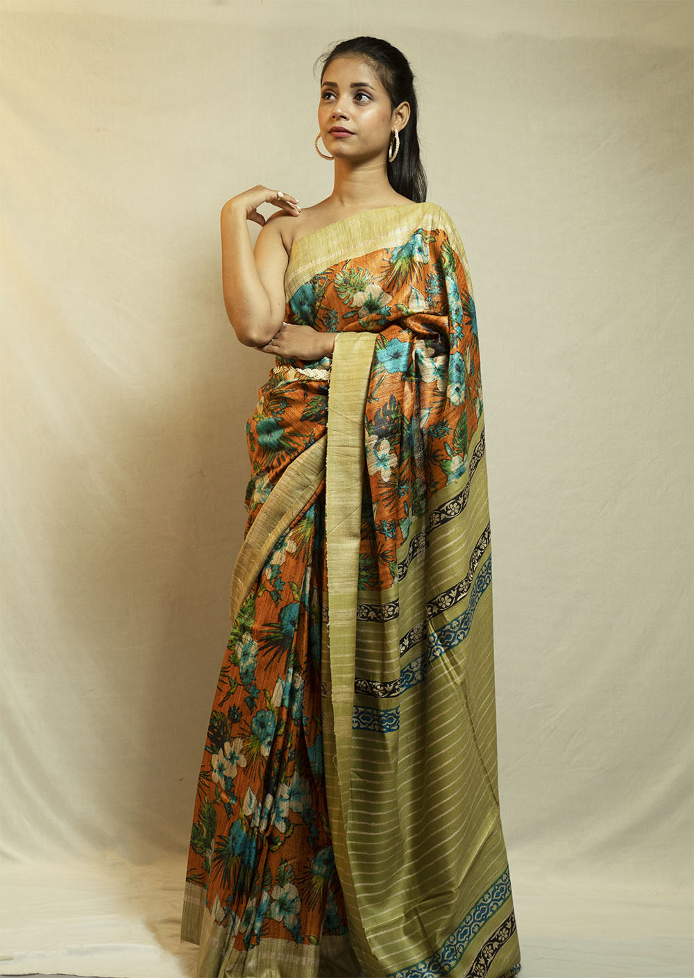Printed Ghicha Saree (Pista Green and Orange Floral)