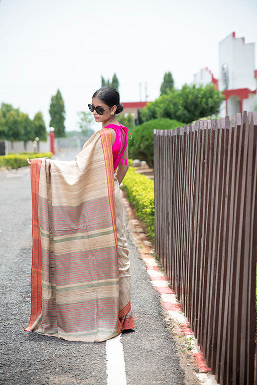 Handloom Ghicha Silk Saree(Beige orange)