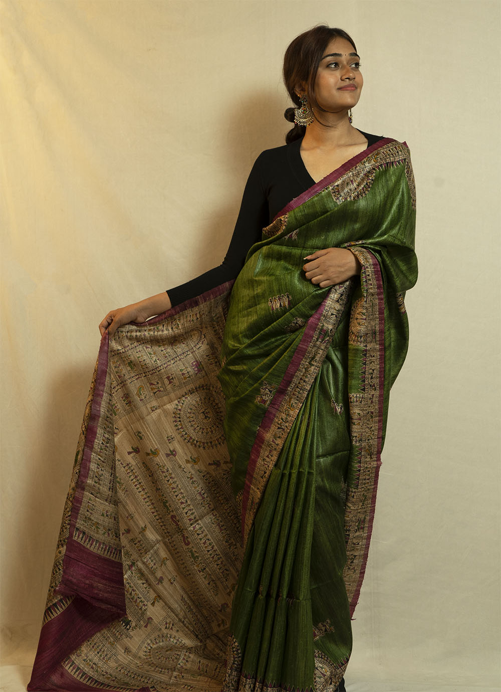 Warli print Olive GreenGhicha Silk