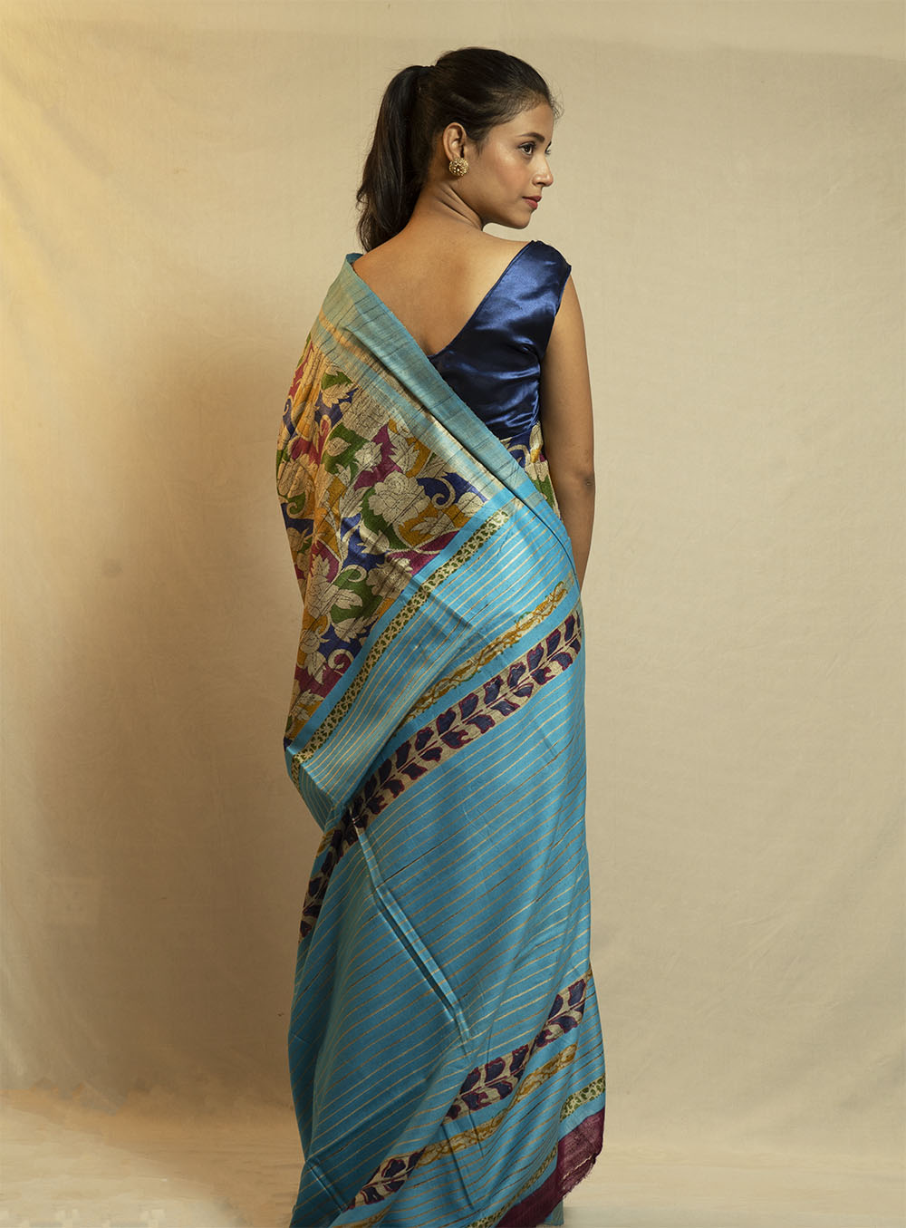 Turquoise Blue printed Ghicha Saree