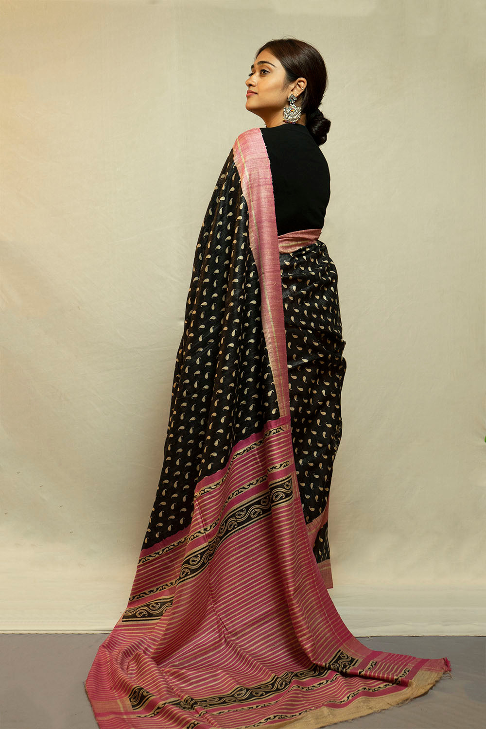 Black Printed Ghicha Saree with Pink Border