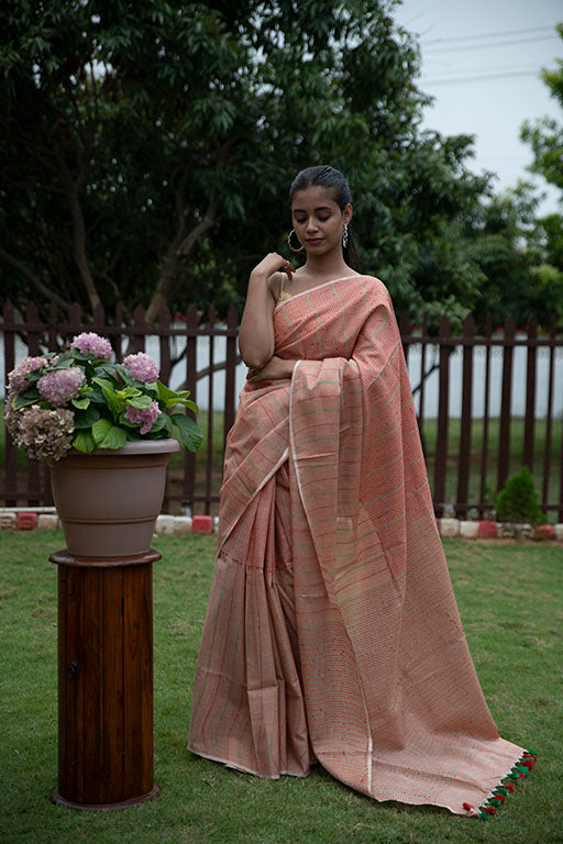 Tangerine Orange Masrize Cotton katha Saree