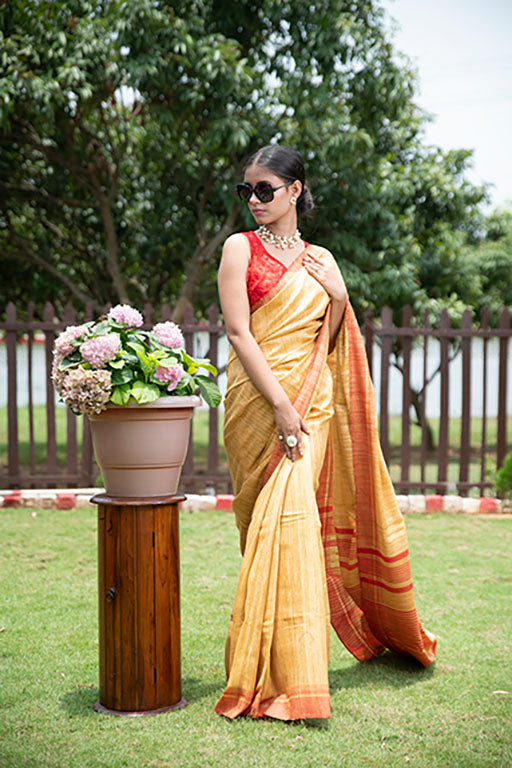 Handloom Tussar Ghicha Silk Saree(golden brown)