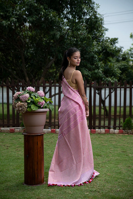 Masrize cotton Katha saree blush pink