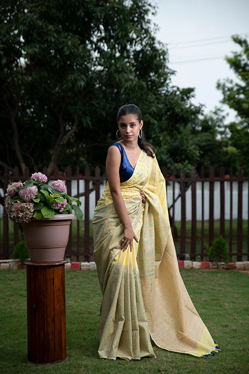 Masrize Cotton Katha saree(yellow)
