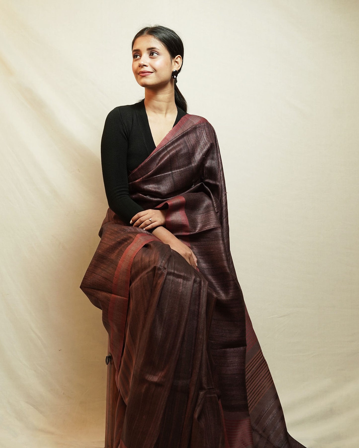 Dark Coffe Brown Tussar By Ghicha Silk Saree