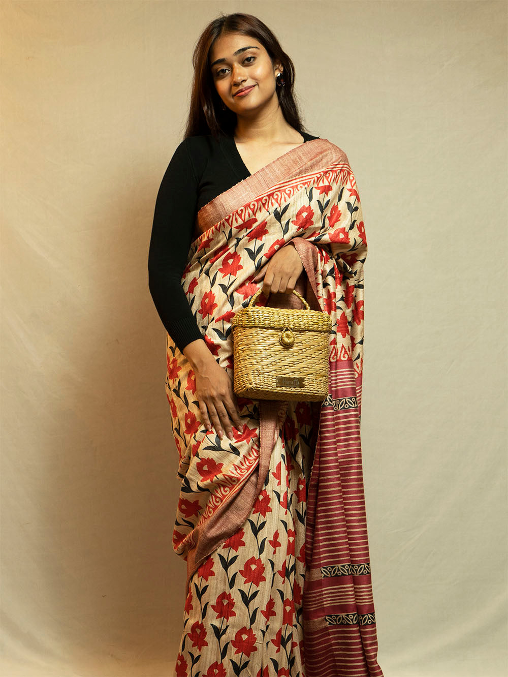 Printed Beige Ghicha Saree(Red)