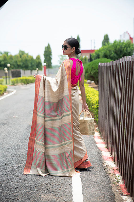Handloom Ghicha Silk Saree(Beige orange)