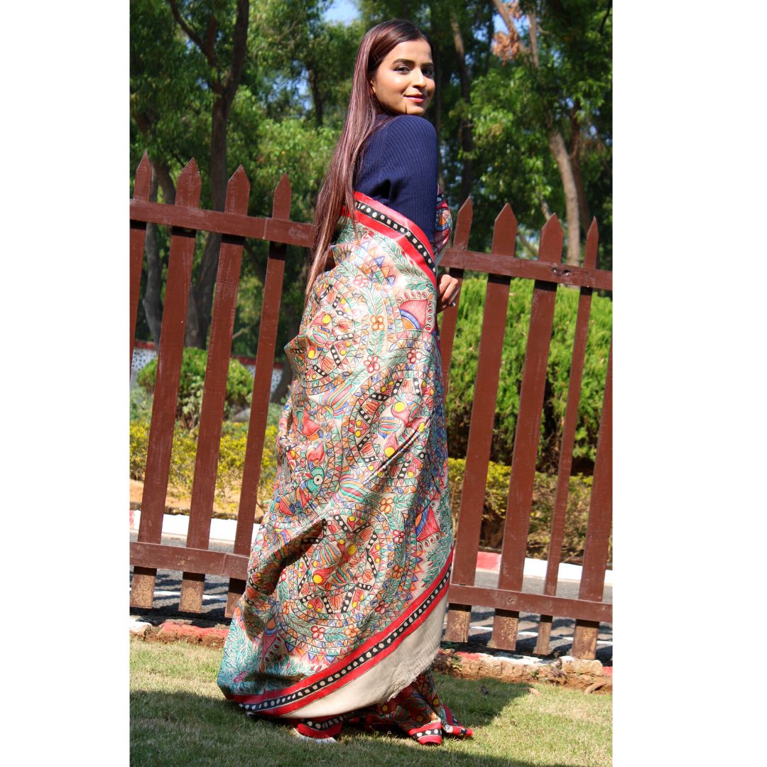 Natural Colour Pure Tussar Silk with Madhubani Paint