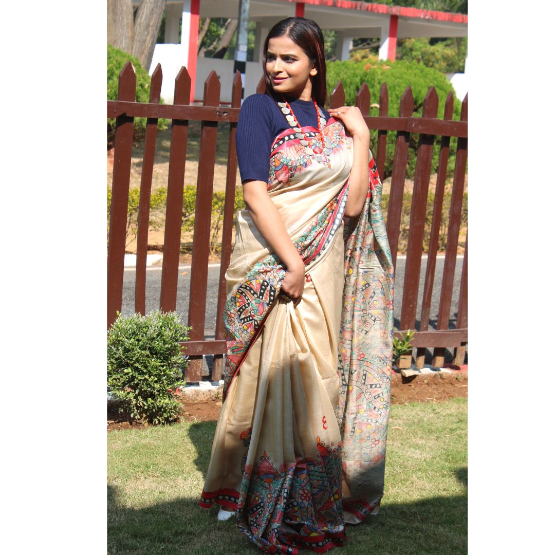 Natural Colour Pure Tussar Silk with Madhubani Paint